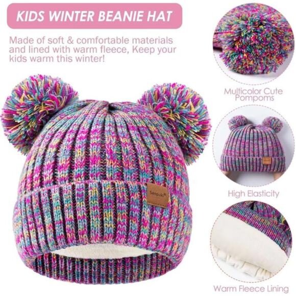 Kids Purple Winter Hat Gloves Scarf Set, Girls Toddler Children Beanie Snow‎ Cap - Picture 3 of 7